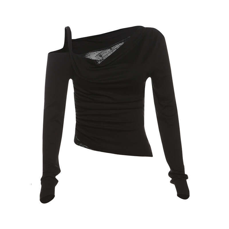 2024 Autumn New Women's Solid Color Slim Street Fashion Asymmetrical Neck Long Sleeve Ruched Top 06c