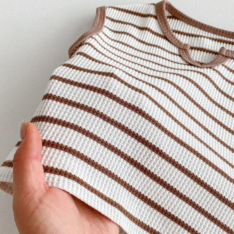 Summer Baby Clothes 05T Solid Color Boys Striped Sleeveless TShirt Shorts Set Breathable Girls Vest Short Sleeved Set 250725