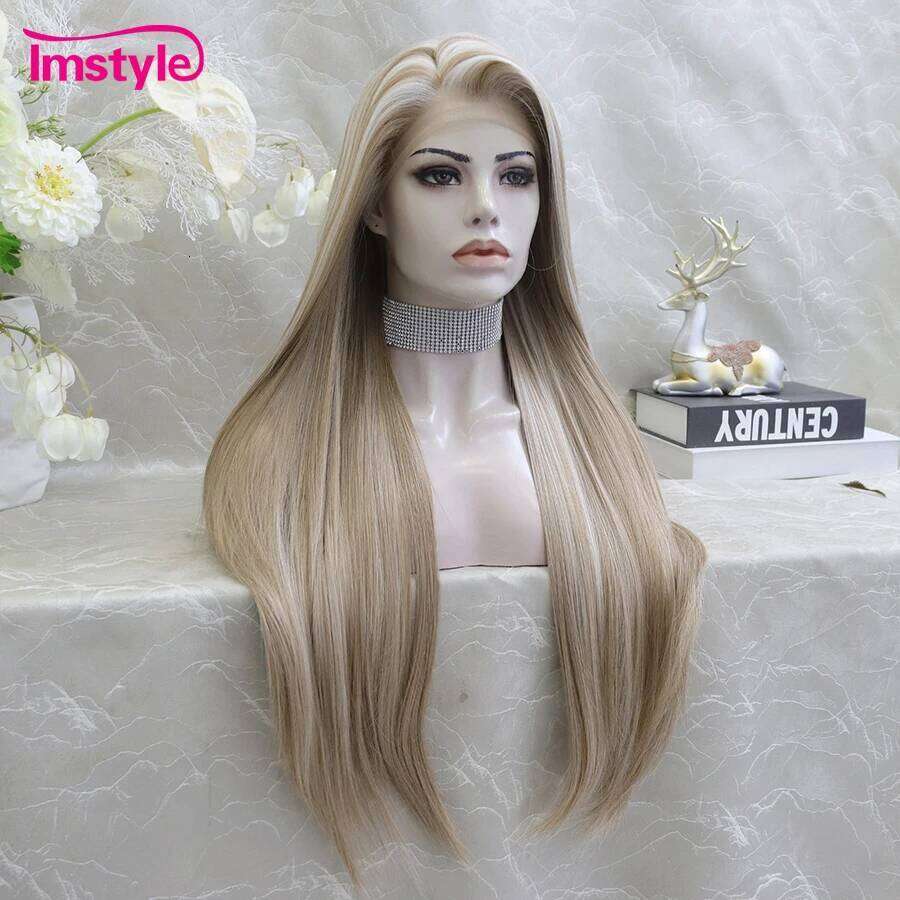Imstyle Synthetic Lace Front Brown Wig Highlight Platinum Straight Hair Long For Women Heat Resistant Daily Wigs