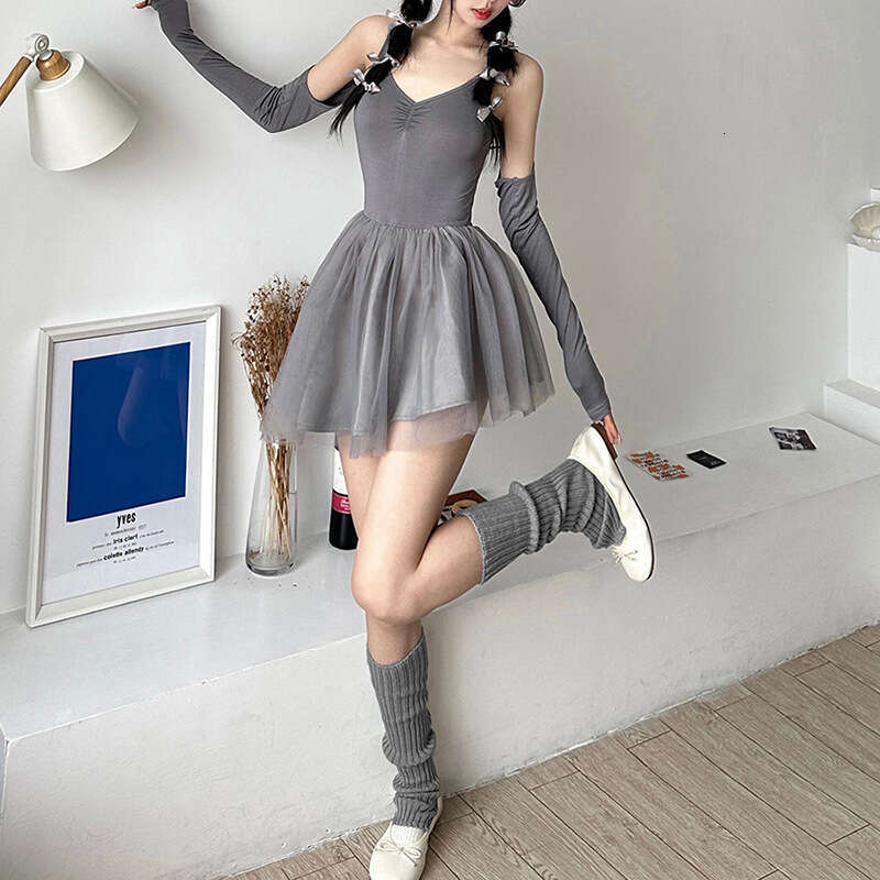 2023 Spring Summer New Women's Solid Color Long Sleeve Blouse Fashion V-neck Strap Dress 2b8
