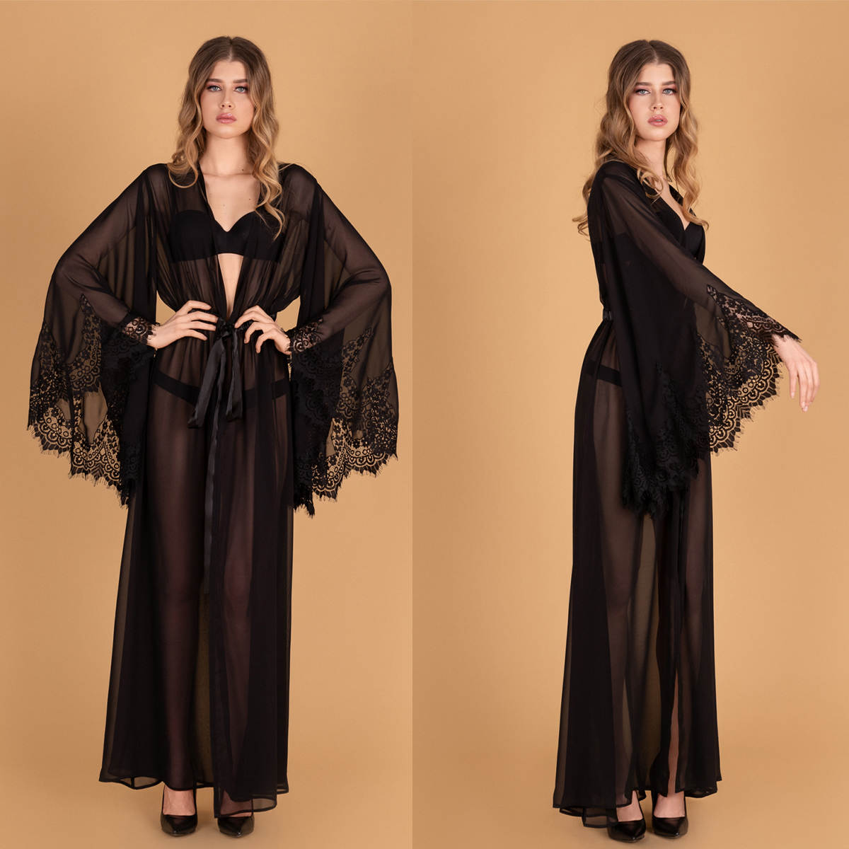 Sexy Women's Sleepwear V Neck Long Sleeves Lace Trim Premium Appliques Black Lady Party Resort Wear Customized