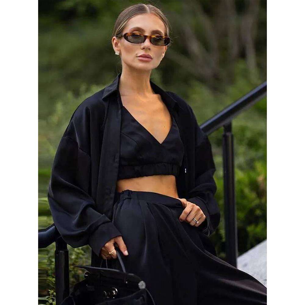Designer Leisure High Quality Elegant Silk Shirt Bra Pants Sets 3 Pieces Women Casual Single Breasted Lapel Loose Shirts Corset Straight Trousers Suit