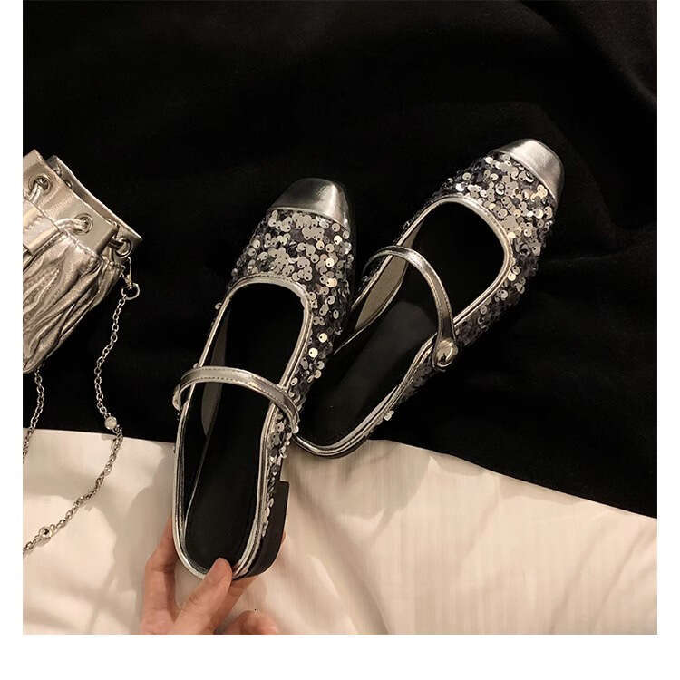 Designer Shiny Sequin Sandals for Women, Chunky Heel Single 2024 Spring Fashion Shoes, Huizhou Women's Mules