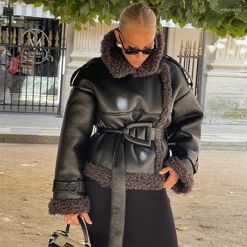 Women's Jackets Vintage Patchwork Fur Leather Coats Women Lapel Lace Up Long Sleeve Thicken Warm Jacket 2025 Winter Lady Streetwear Overcoat
