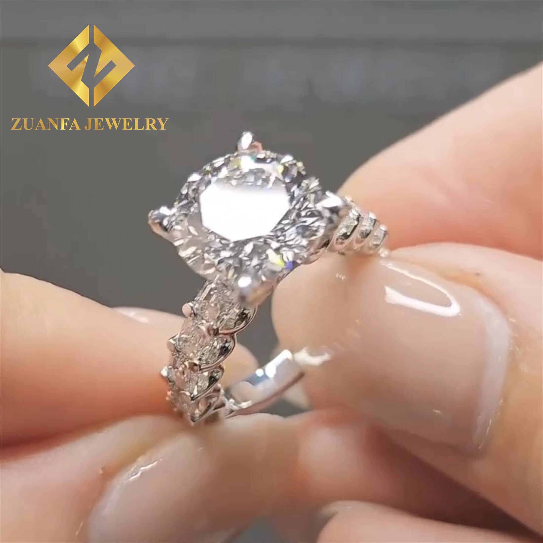 Customized Wedding Ring Round Cut +Asscher Cut Luxury Design Half Moissanite Band 10K White Gold Engagement Ring Custom Design