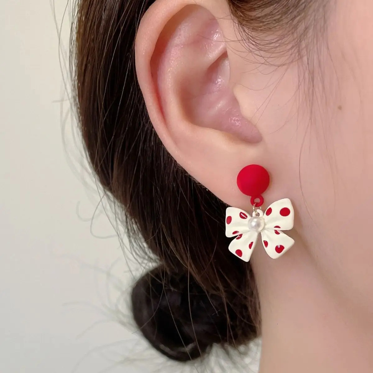 Cute Pearl Bowknot Drop Earrings for Women Red Round Dangle Wedding Party Wave Point Print Sweet Jewelry pendientes 250715