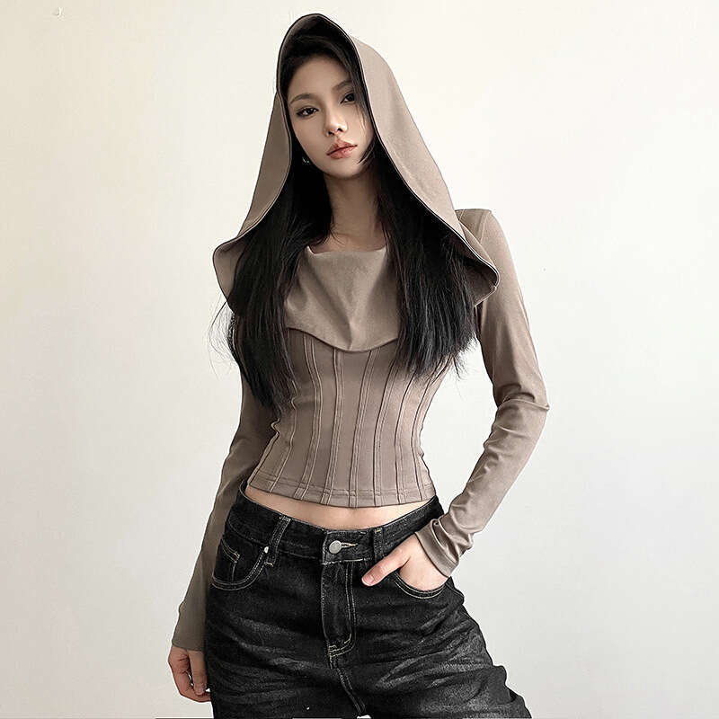 Women's Clothing 2023 Autumn and Winter New Solid Color Fashion Sexy Long Sleeve Hooded Crop Top T-Shirt 152