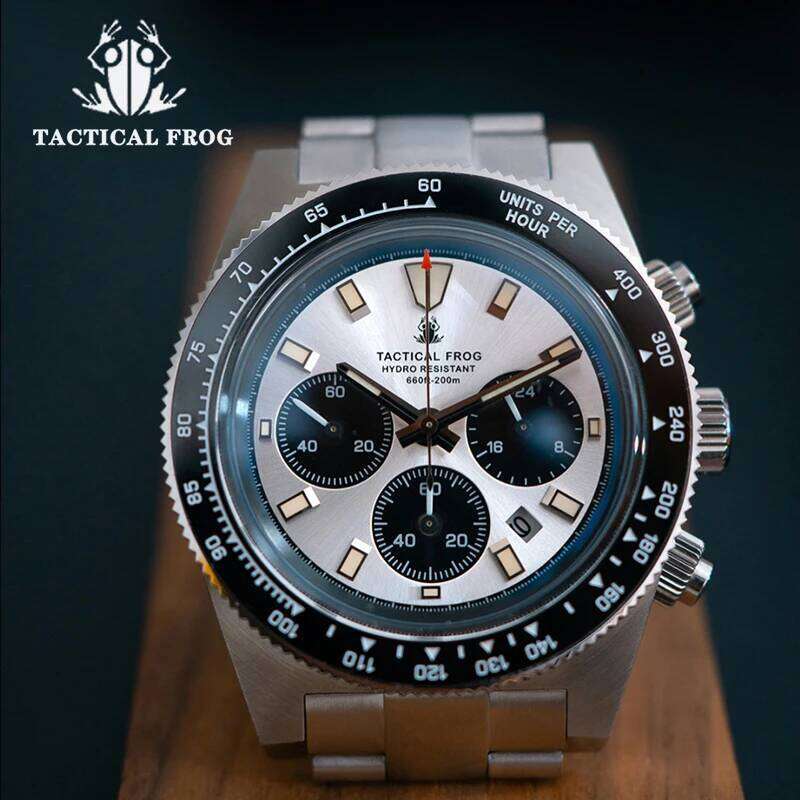Tactical Frog 41mm Men's Chronograph Watch VS75 Solar Movement Waterproof Sapphire Green C3 Luminous Quartz Wristwatch