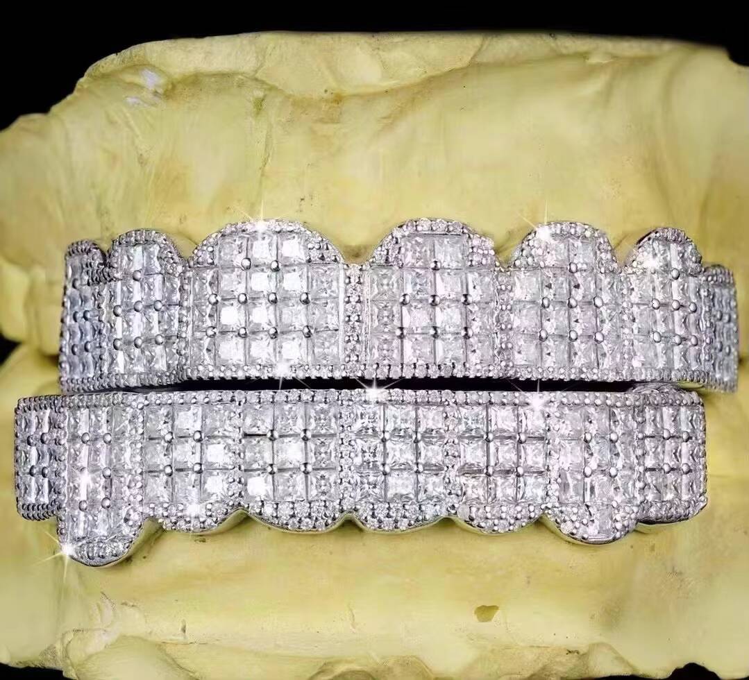 Custom Made Dental Grills Iced Out Sterling Silver Real Gold Jewelry Zigzag Setting Vvs Moissanite Diamonds Teeth Grillz
