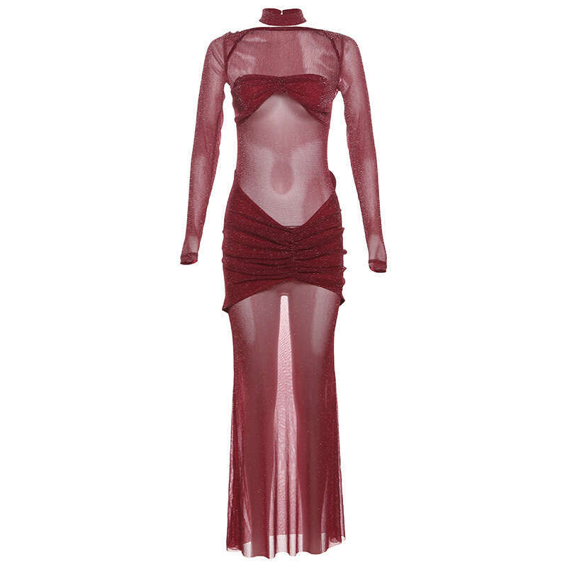 2024 Autumn New Pure Desire Hot Girl Mesh Semi-Sheer Tube Top Backless Mermaid Dress Long Sleeve Cover-Up Two-Piece Set 9d1