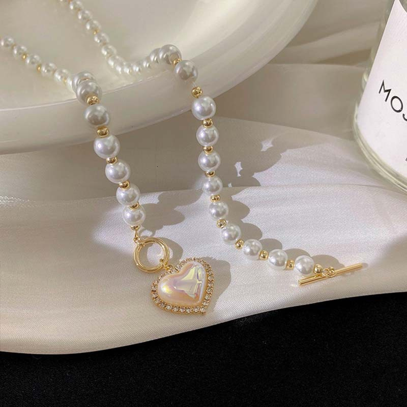 Japanese and Korean INS New Super Fairy Temperament Imitation Pearl Heart Necklace Cool Style Sweet Simple OT Buckle Lock Bone Chain Jewelry for Women