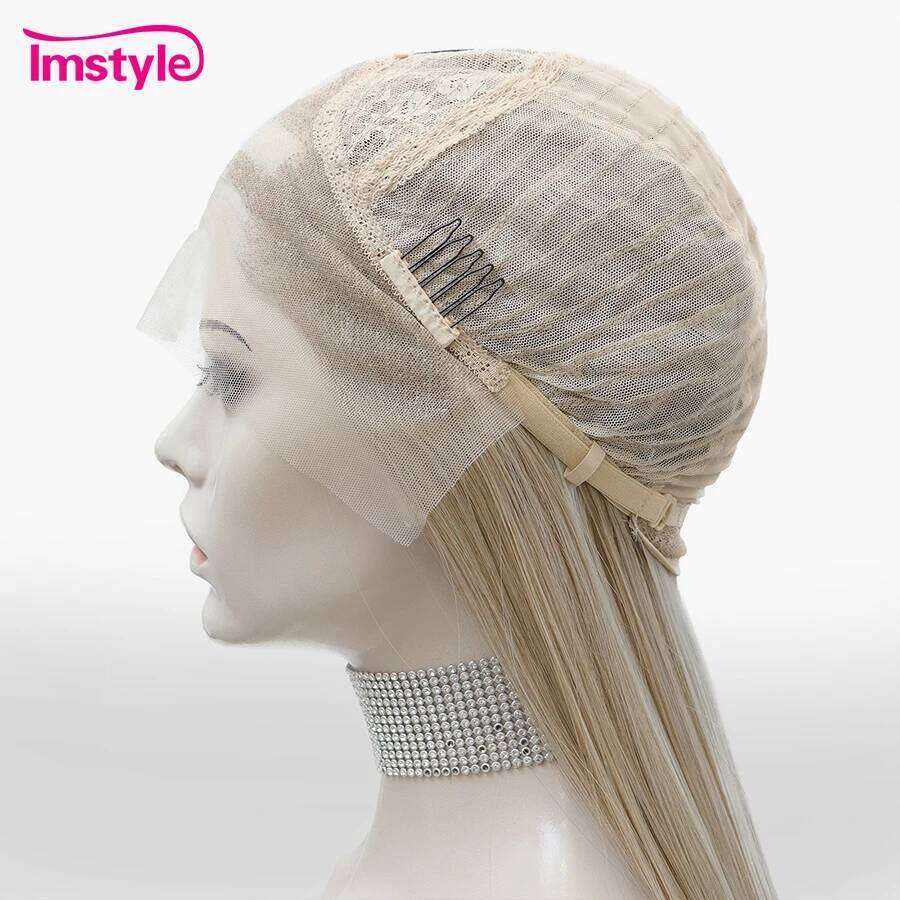 Imstyle Synthetic Lace Front Brown Wig Highlight Platinum Straight Hair Long For Women Heat Resistant Daily Wigs