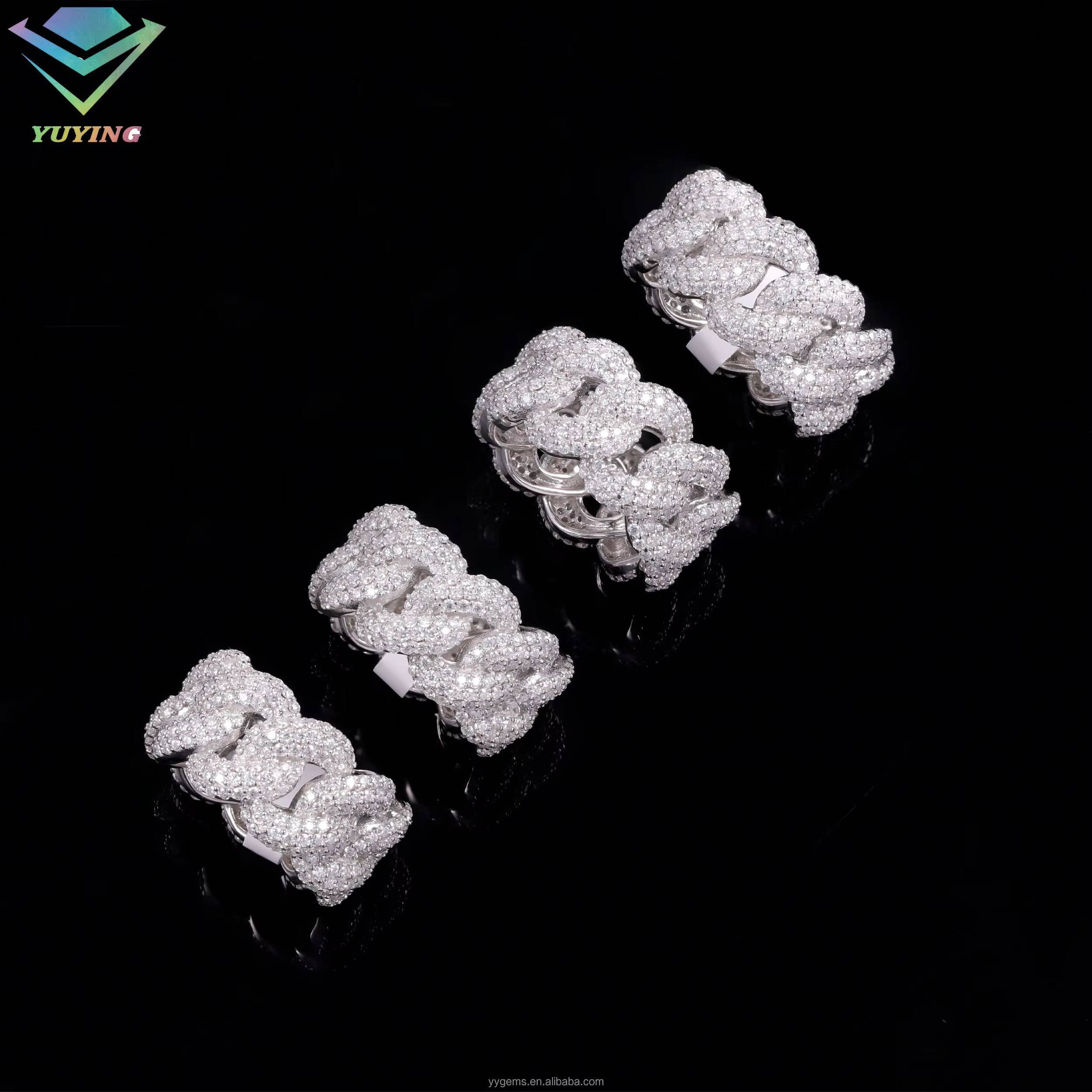 Yu Ying Pass Diamond Tester Hip Hop Bling D Color Moissanite Iced Out Mens 3 Rows Cuban Link Ring With 925 Sterling Silver GRA