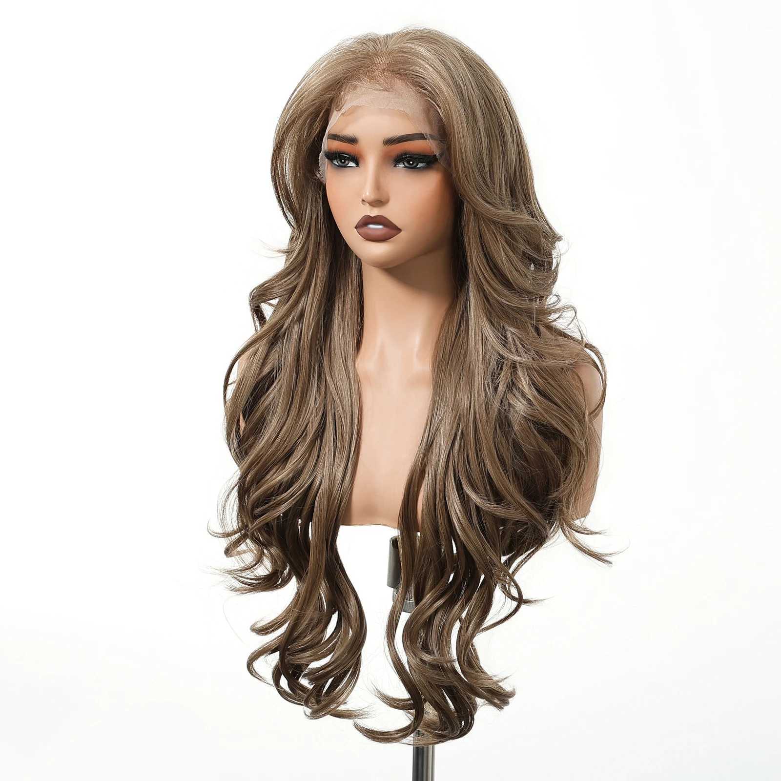 EASIHAIR Long Wavy Curly Brown Synthetic Wigs for Women 13*4 Lace Frontal Wigs Natural Hairline Chocolate Brown Lace Hair Wigs 250715