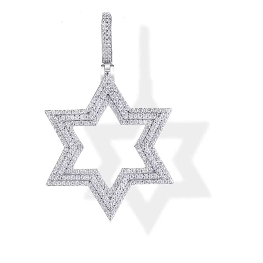 Star of David Moissanite Pendant Necklace 925 Sterling Silver Hip Hop Style Double Layer Iced Out Design