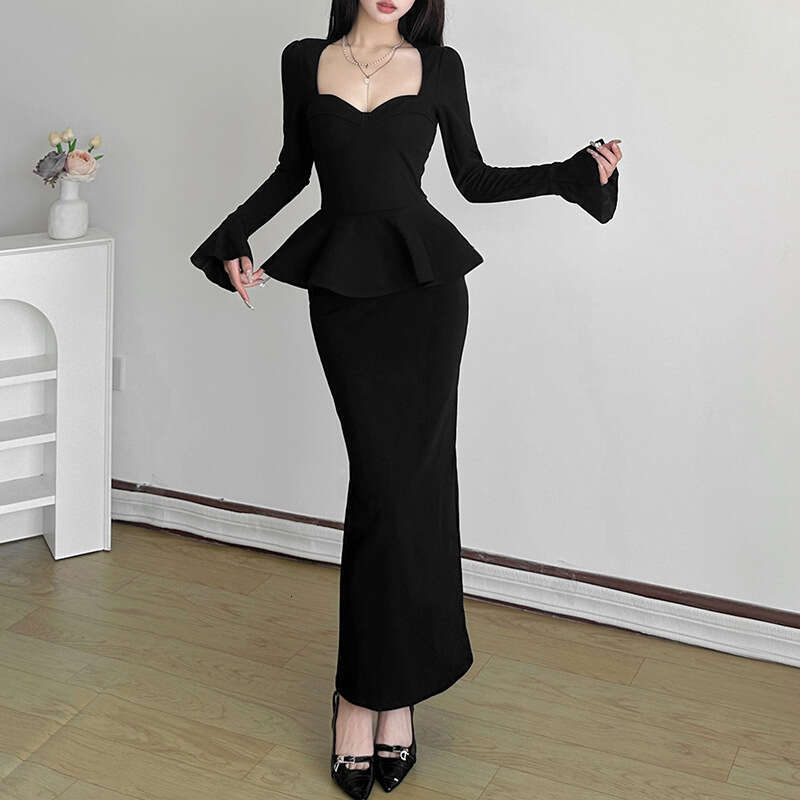 2024 Autumn New Women's Solid Color Slim Street Fashion Square Neck Long Sleeve Split Dress 7ff