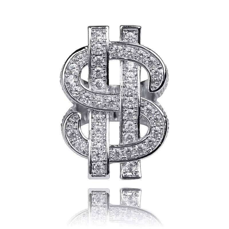 Fashion US Dollar Sign Rappers Hip Hop Style Cuban Link Ring Gold Plated Sterling Sier Moissanite Rings for Men