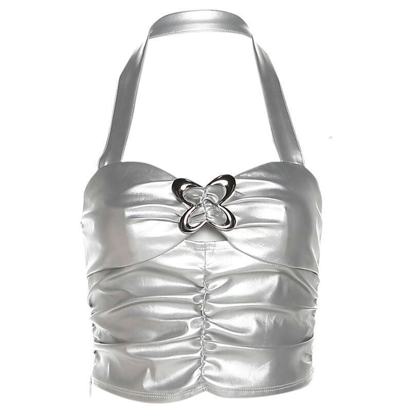 2023 Summer New Women's Solid Color Sexy Halter Neck Fashion Butterfly Crop Top db3