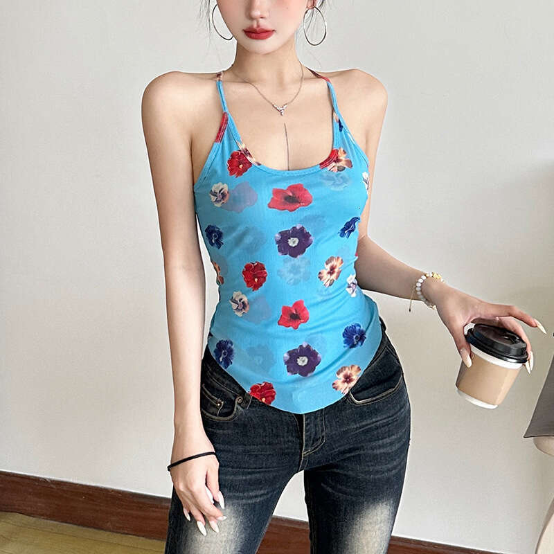 2025 New Summer Fashion Slim Fit Versatile Sleeveless Backless Plant Print Camisole for Women 2f1