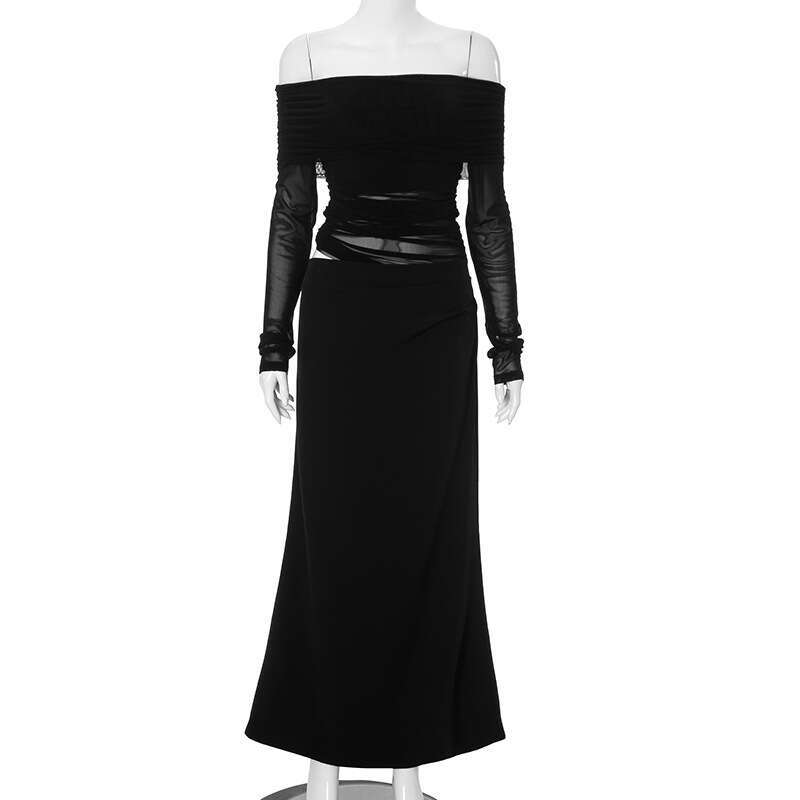 Yds274 Women's Summer New Solid Color Sleeve Off-Shoulder Sexy Bodycon Patchwork Long Dress B5