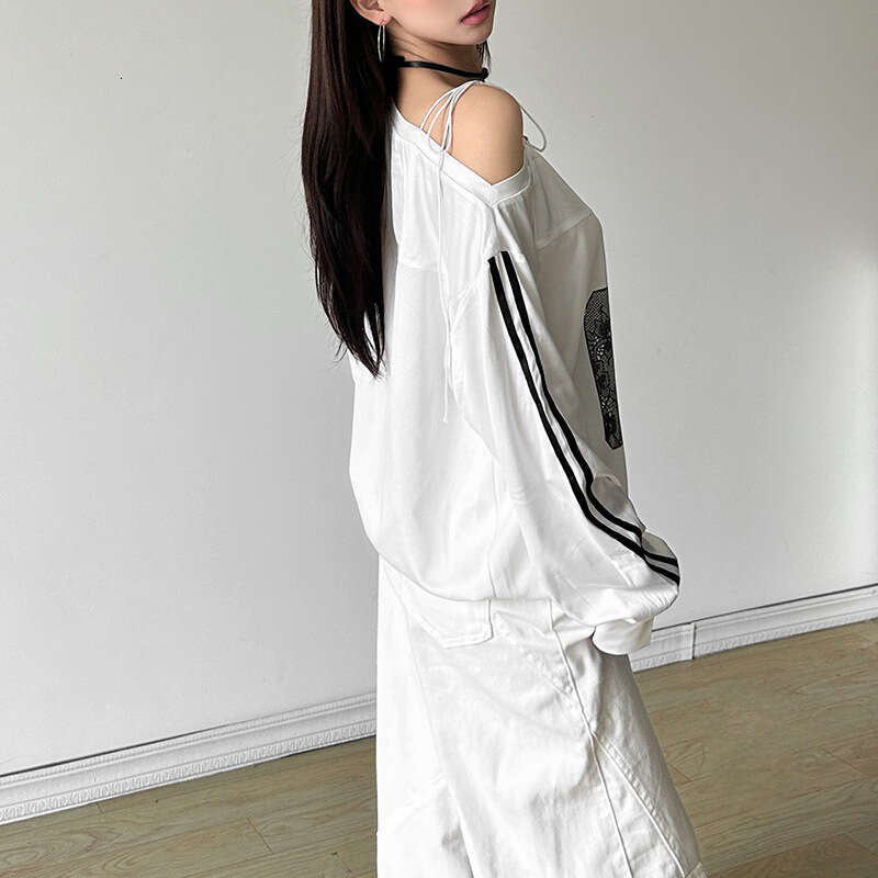 2024 Summer New Women's Solid Color Loose Street Fashion Asymmetrical Neck Long Sleeve Printed Top 133
