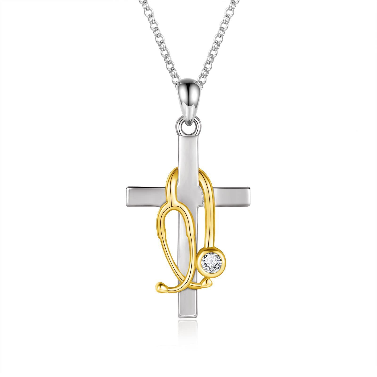 Womens Cross Necklace Steel Color Cross Inlaid with Rose Gold Stethoscope Cross Stethoscope Necklace