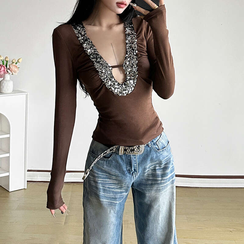 2024 Autumn Winter New Fashion Sexy Long Sleeve V-Neck T-Shirt for Women cb0