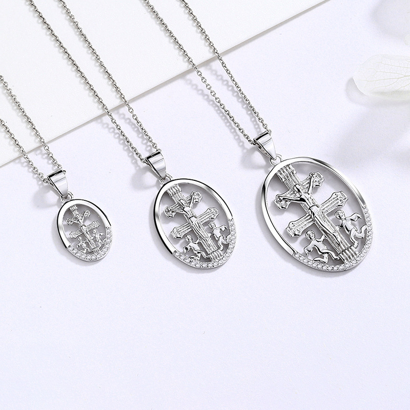 Wind Jewelry Pure Sier Oval Jesus Cross Pendant Fashion Simple Inlaid Dia Necklace Women's Accessories Jewelry for Women