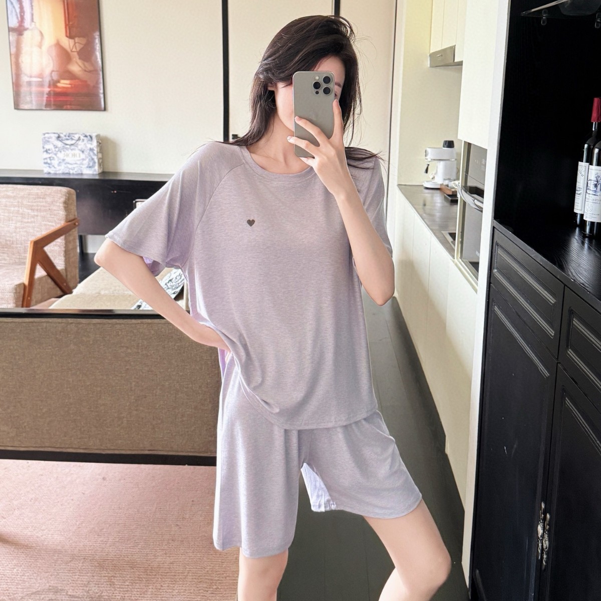 X204-New Modal Pajamas Women's Summer With Chest Pad Short Sleeve Shorts Simple Small Love Solid Color Home Clothes Set