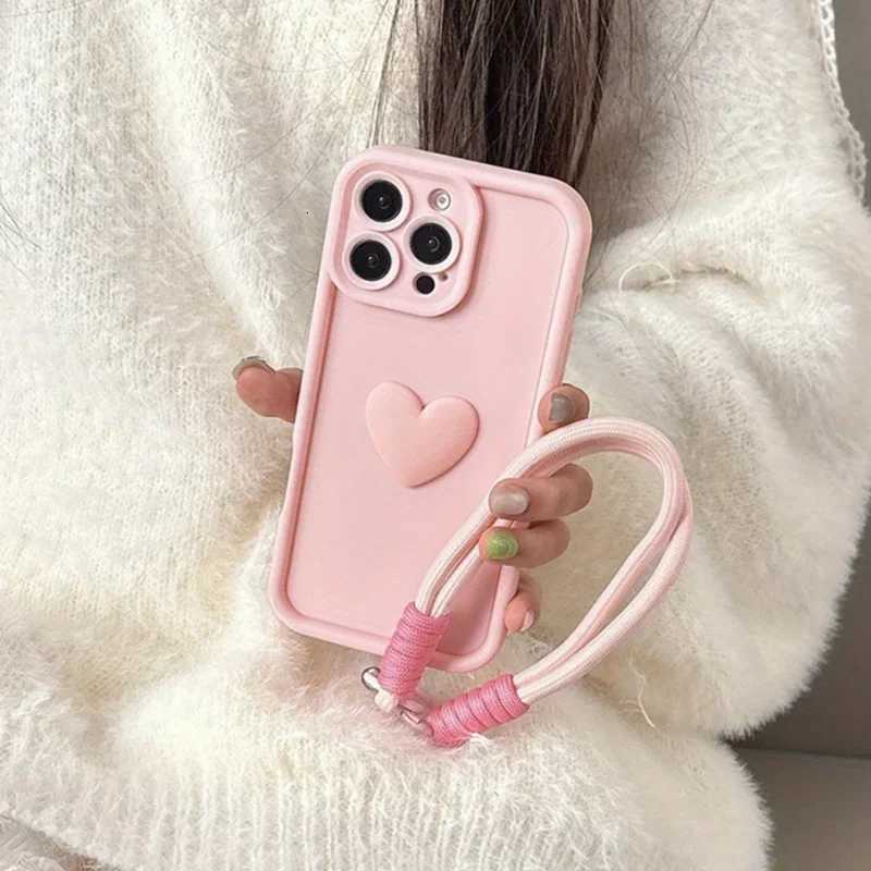 3D Pink Love Heart Silicone Soft Phone Case For iPhone 16 15 14 13 12 11 Pro Max XS XR X 7 8 Plus SE With Lanyard Rope Cover R250724