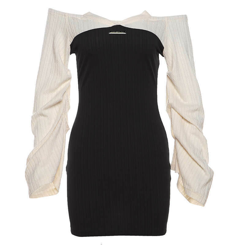 Women's Clothing 2024 Autumn Winter New Street Fashion Color-Block Long Sleeve Off-Shoulder Dress 497