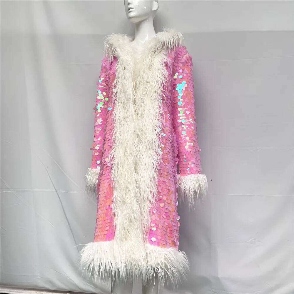 New Fashion Cute Women Colorful Faux Fox Fur Rainbow Sequined Hood Nightclub Long Coat Jacket Stage Party Costumes