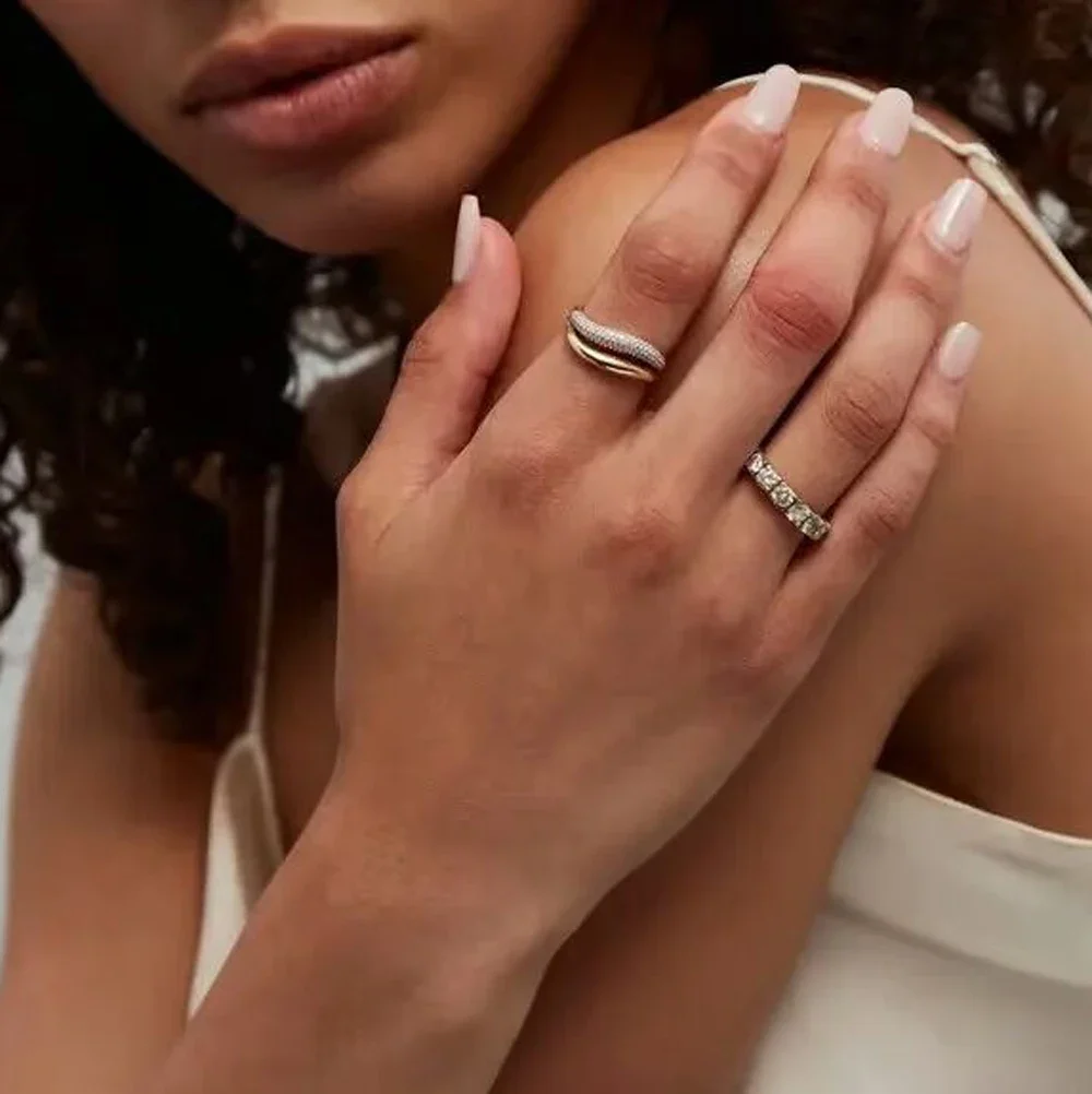 2025 New Arrivals Gold Color Multi Layer Geometric Ring Set Pave Bling Cubic Zirconia For Women Girl's Fashion Wedding Finger Jewelry