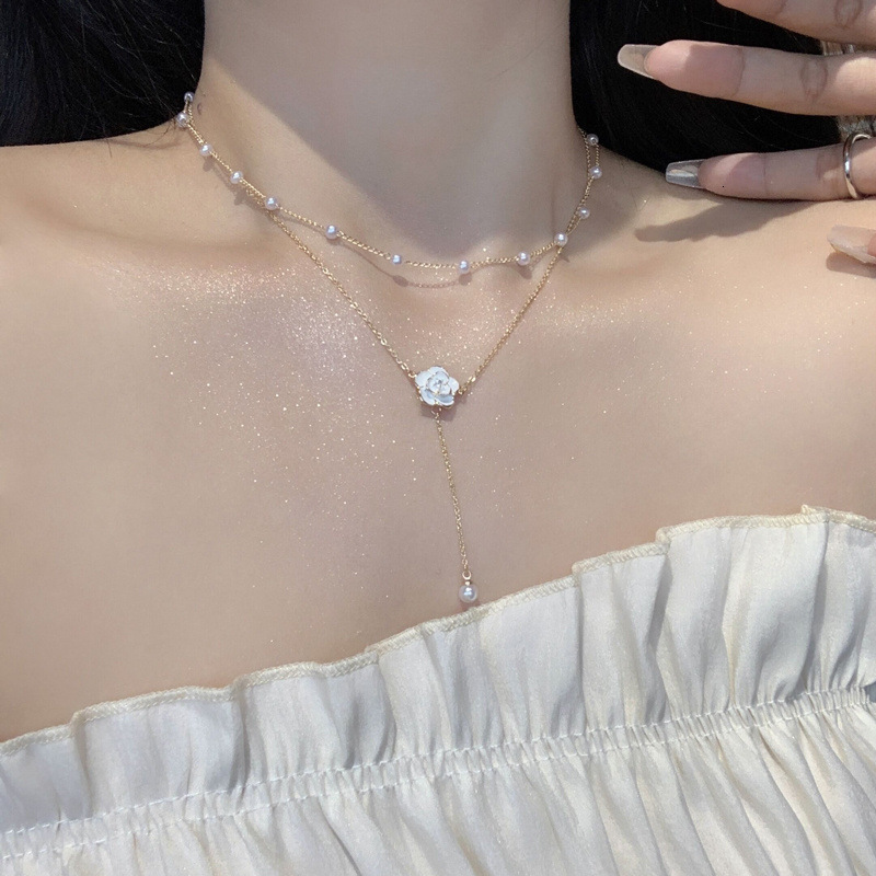 Double Layer Camellia Necklace ~ Pearl Tassel Niche Design High-end Light Clavicle Neck Chain for Women Jewelry for Women