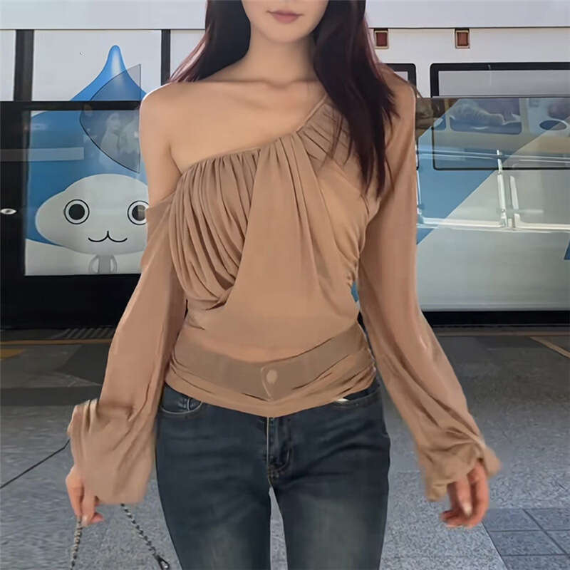 2025 Women's Summer New Fashion Street Style Solid Color Sexy Asymmetric Neck Long Sleeve T-Shirt cd1