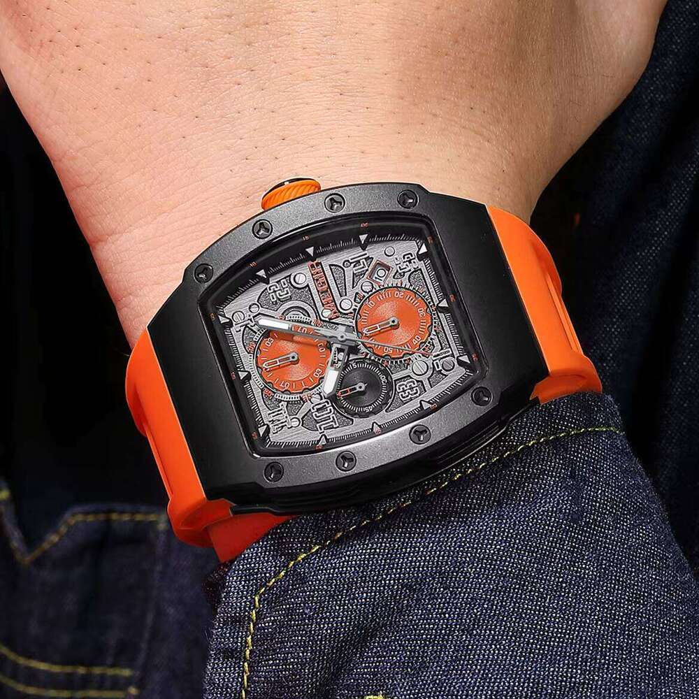 DHgargets MEGIR Men's Tonneau Watch - Chronograph, Luminous, 30M Waterproof, Stainless Steel, Silicone Strap