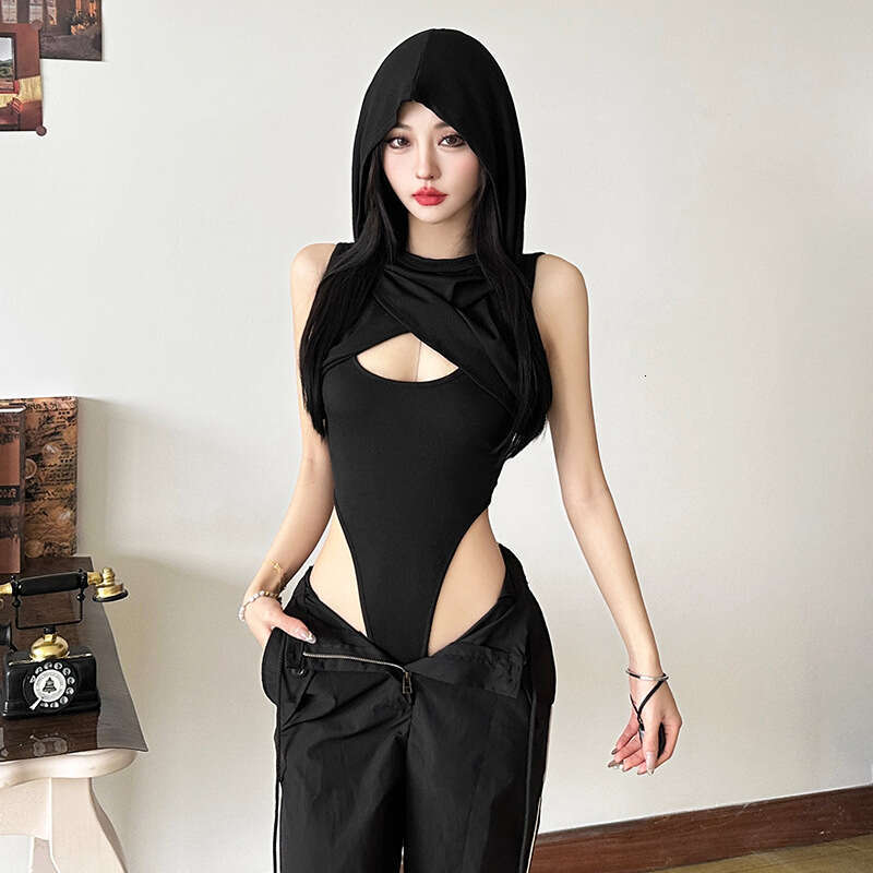 INS2024 Style Autumn Winter New Women's Solid Color Slim Street Fashion Hooded Sleeveless Jumpsuit f24