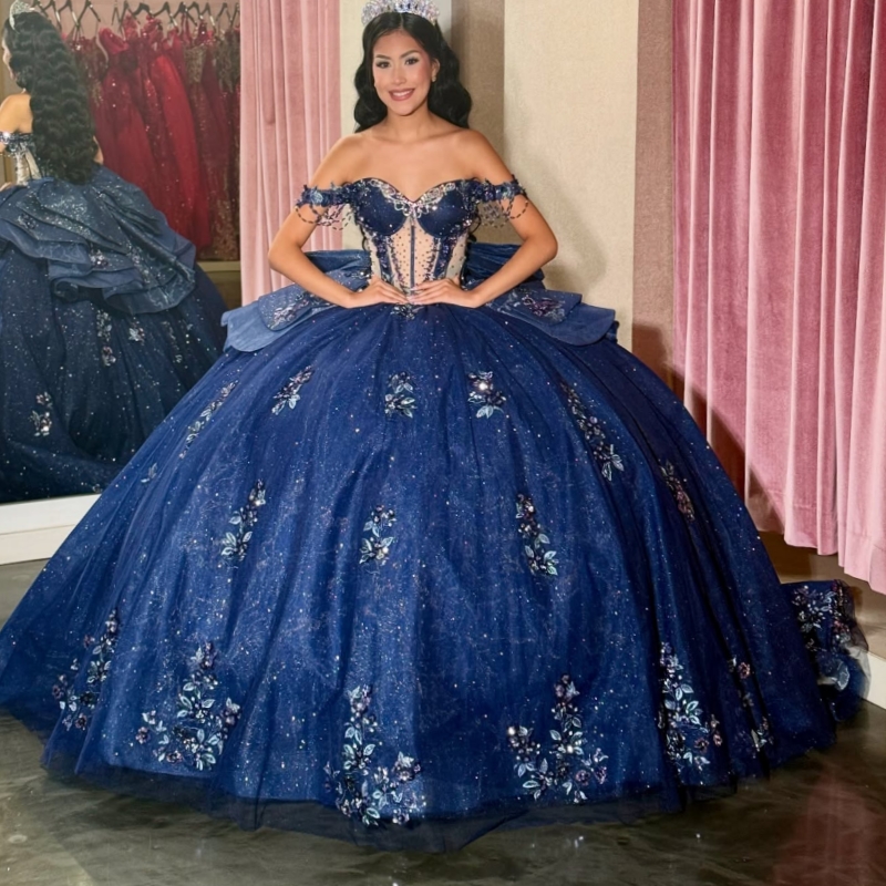 Navy Blue Shiny Quinceanera Dresses Ball Gown Off The Shoulder Applique Lace Beads Bow Party Birthday Sweet 16 Dress Vestidos 15 Vestidos 15 Anos