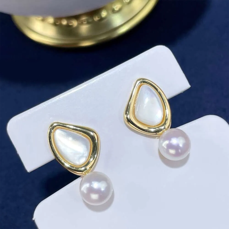 TikTok Natural Freshwater Mother-of-Pearl Jewelry High-End Simple Elegant Earrings Versatile Women's S Sier Needle Ear Studs