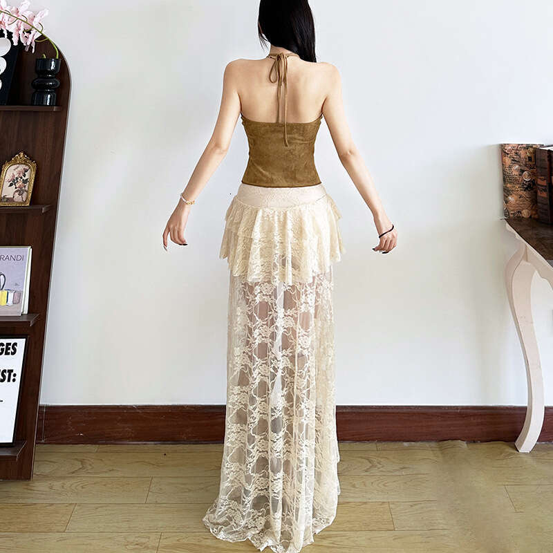 2025 Summer New Women's Solid Color Sexy High Waist Lace Mesh Split Skirt 819
