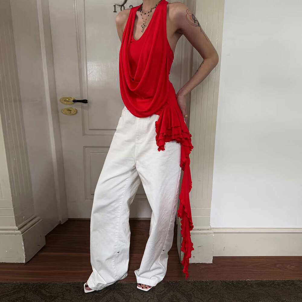 2025 Summer New Fashion Trend Solid Color Halter Neck Slim Fit Irregular Ribbon Versatile Women's Top e02