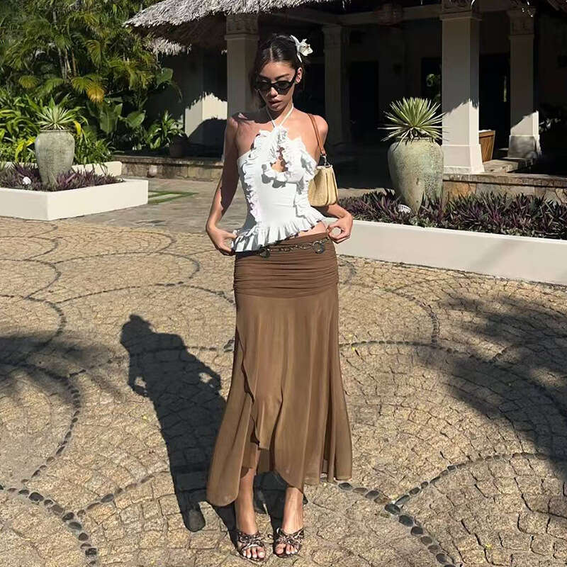 2025 Summer New Solid Color Halter Neck Tie Irregular Slim Top High Waist Elegant Midi Skirt 602