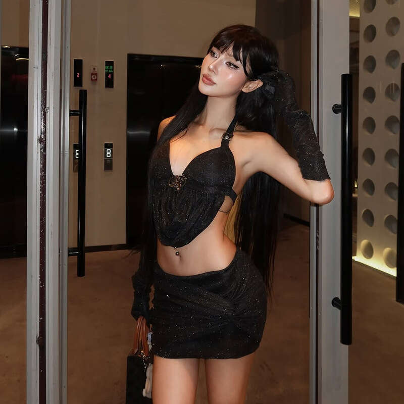 2024 Autumn Winter New Women's Solid Color Slim Halter Neck Vest Fashion Low Waist Skirt Set 936