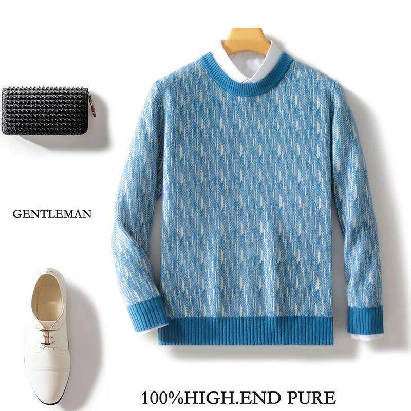 100% Merino Wool Thickened Knitted Sweater Men's O-Neck Pullover Cashmere Sweatshirt Color Collision Tops Autumn Winter