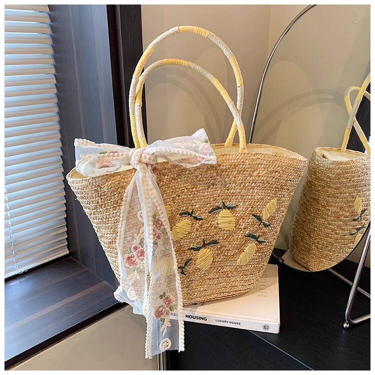 Luxury Brand Designer Bag Zuo Xing Handmade Lemon Embroidered Straw Bag Large Capacity Handheld Woven Bag French Style Shoulder Beach Vacation Bag
