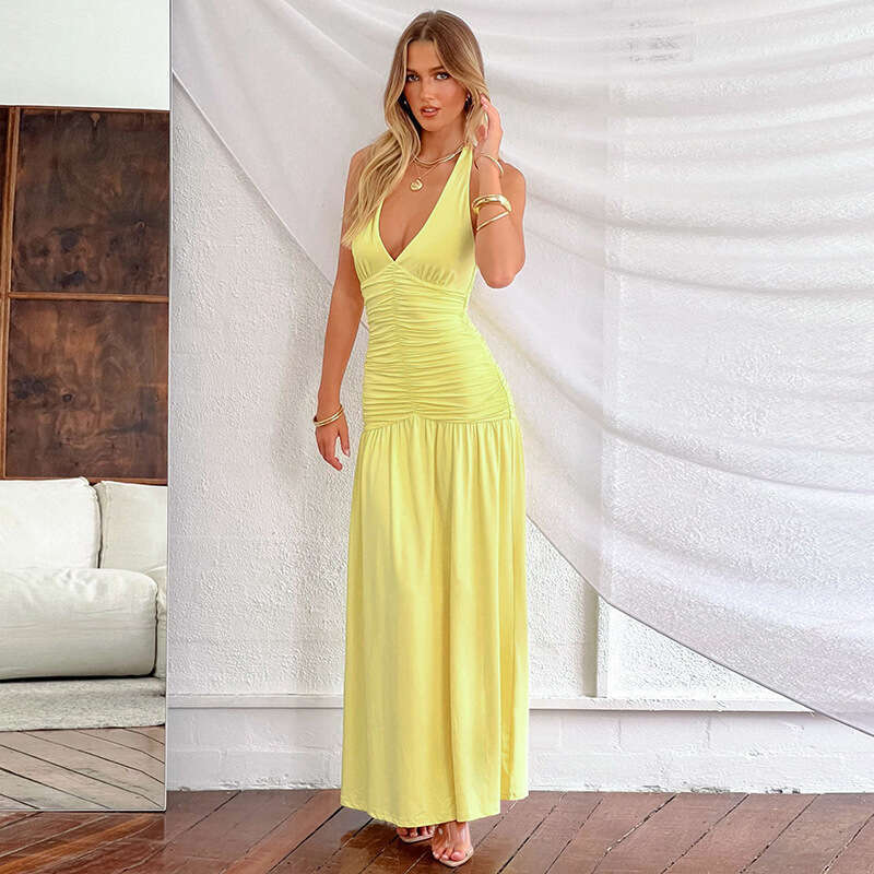 Y25ds069 Women's Spring Summer New Elegant Halter Neck Long Sexy Slit Dress B5