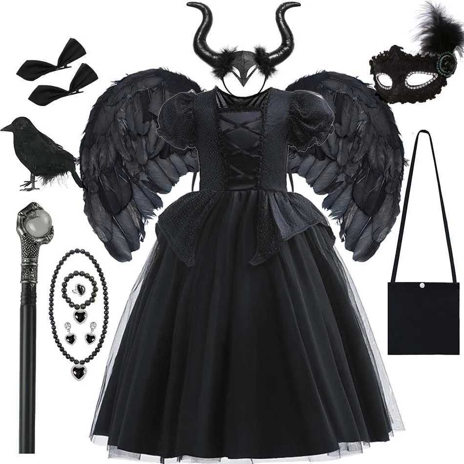 Girl Black Witch Cosplay Dress With Wings Kids Halloween Carnival Evil Queen Dress Up Costume 2-10 Yrs Sequin Ruffles Outfits Z250725