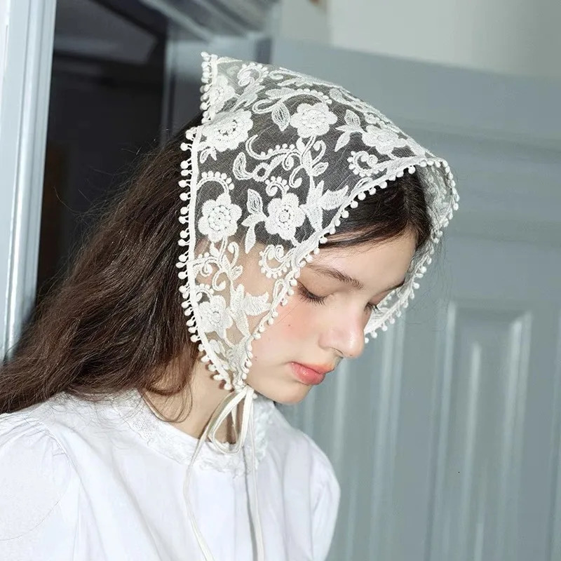 AISHG White Woven Floral Lace Hair Scarf Wraps for Women Retro Triangle Headscarf Hat Girl Headband Hair Accessories 250723