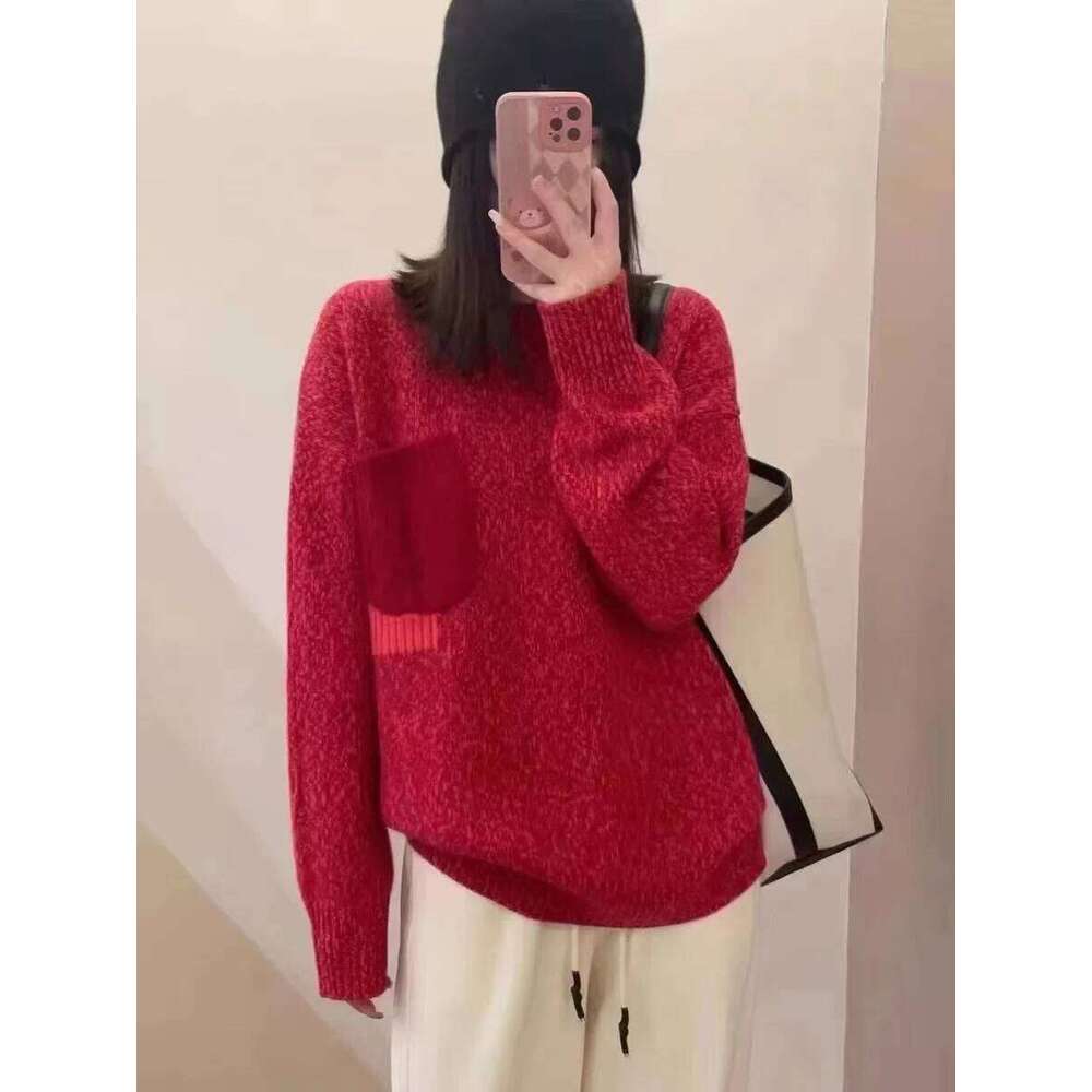 Women's Sweater Autumn/Winter New 100% Pure Cashmere Hoodie Casual Splicing Knitted Tops Thick Loose Round Neck Blouse MDNG