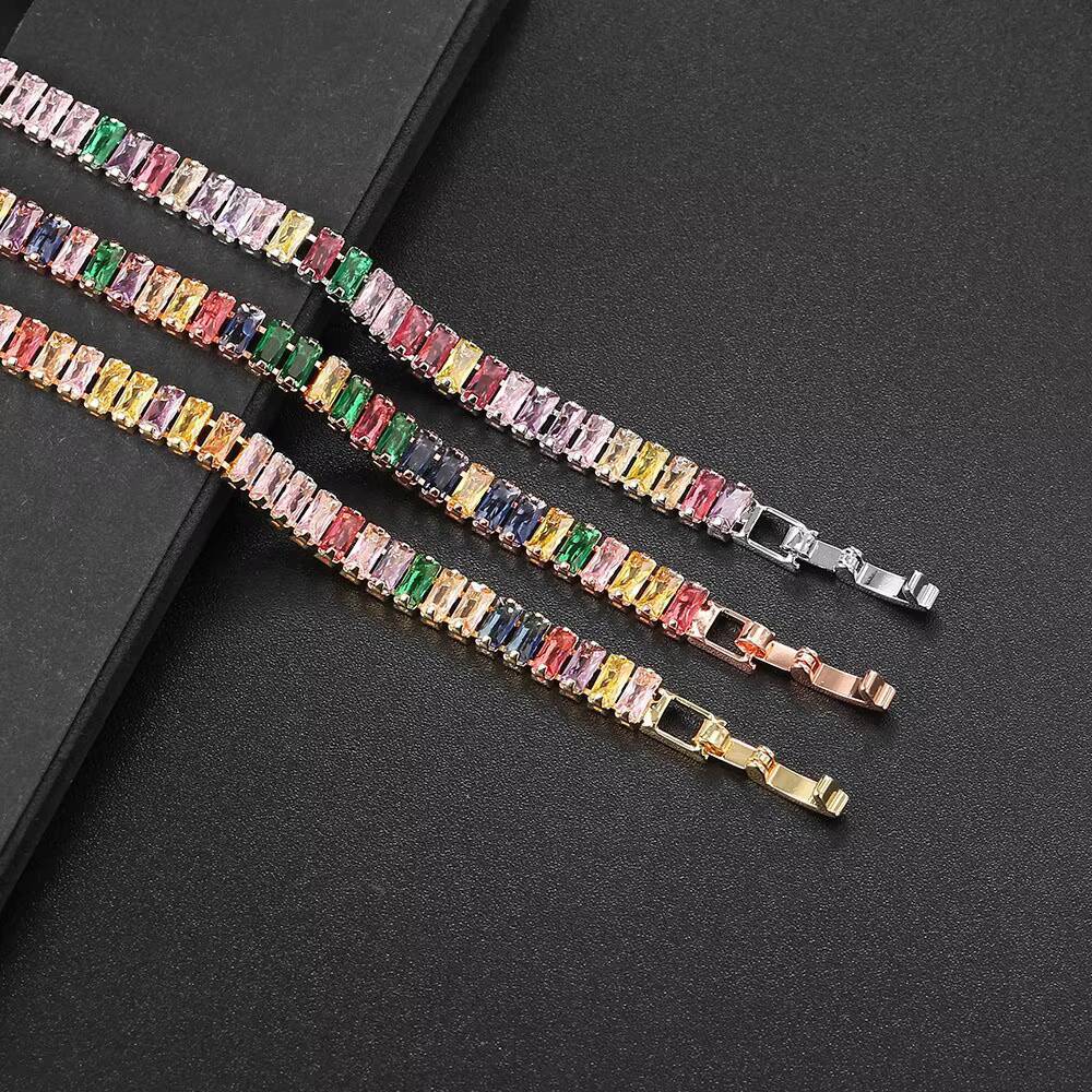 Rainbow Colored 2.5*5mm Zircon Tennis Chain Bracelet Jewelry Women Multicolored Silver Gold Iced Out CZ Diamond Tennis Bracelet
